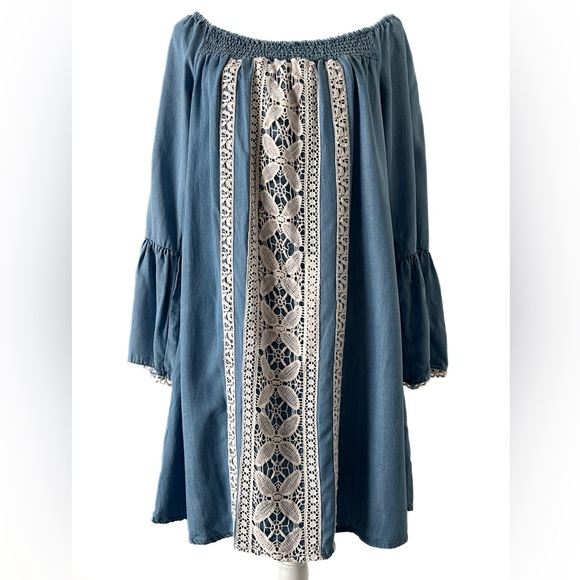 hint of mint Dresses & Skirts - Hint Of Mint Denim & Crocheted Lace Off The Shoulder Mini Dress